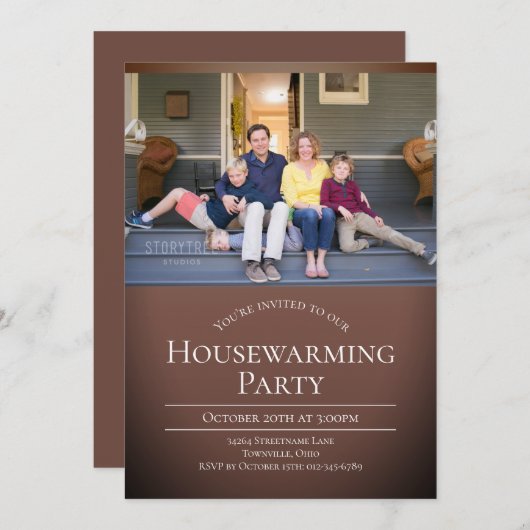 フォトブラウンモダンホワイト引っ越し祝いパーティー 招待状 (正面/裏面)
