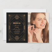 フォトブラックおよび金ゴールドアールデコブライダルシャワー 招待状 (正面)
