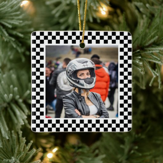 フォトブラックとホワイトのチェッカーズ セラミックオーナメント (ツリー)
