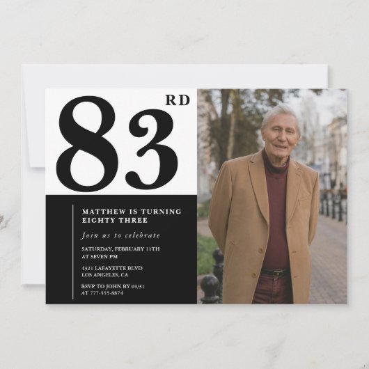 フォトブラックとホワイト83番目の誕生日招待状 招待状 (正面)