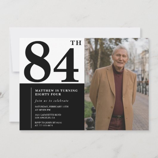 フォトブラックとホワイト84誕生日招待状 招待状 (正面)
