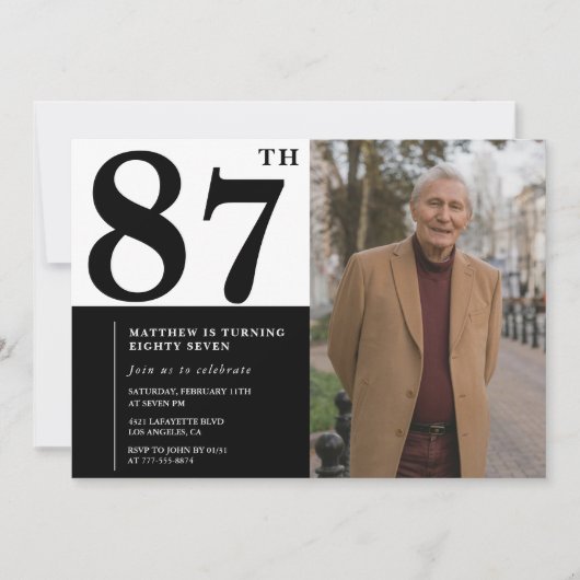 フォトブラックとホワイト87誕生日招待状 招待状 (正面)