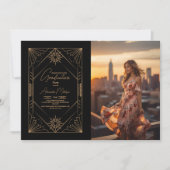 フォトブラックと金ゴールドアールデコの卒業 招待状 (正面)