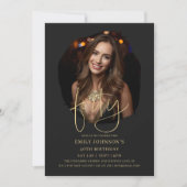 フォトブラックと金ゴールドスクリプト40th誕生日 招待状 (正面)