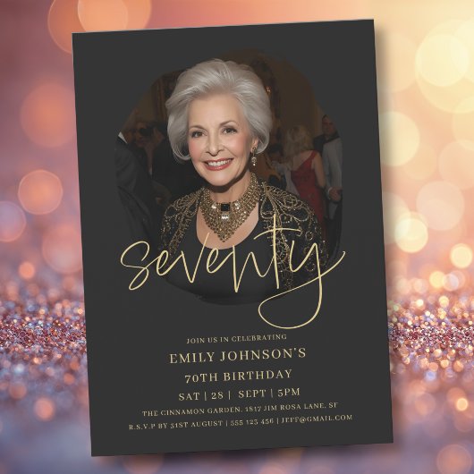 フォトブラックと金ゴールドスクリプト70誕生日 招待状