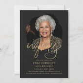 フォトブラックと金ゴールドスクリプト80誕生日 招待状 (正面)