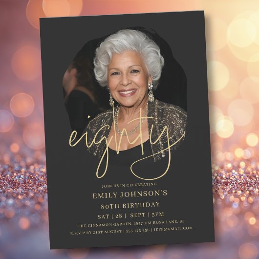 フォトブラックと金ゴールドスクリプト80誕生日 招待状