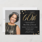 フォトブラックと金ゴールド60誕生日サプライズパーティー 招待状 (正面)