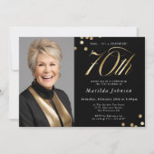 フォトブラックと金ゴールド70誕生日サプライズパーティー 招待状 (正面)