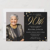 フォトブラックと金ゴールド90誕生日サプライズパーティー 招待状 (正面)