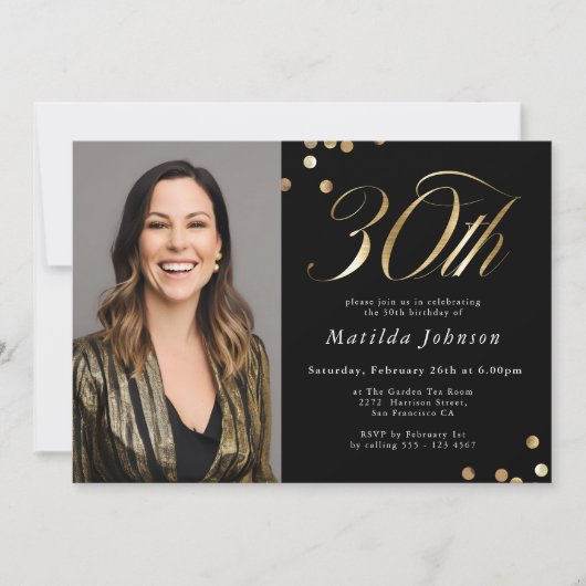 フォトブラックエレガントと金ゴールド30歳の誕生日 招待状 (正面)