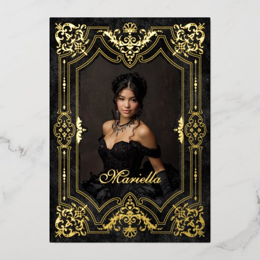 フォトブラックエレガントクラウンティアラ王室のキンセアニェラ 箔招待状 (正面)