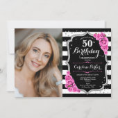 フォトブラックエレガントシルバーピンク50誕生日 招待状 (正面)