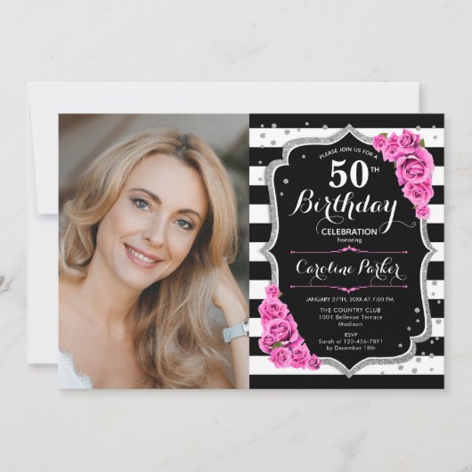 フォトブラックエレガントシルバーピンク50誕生日 招待状 (正面)