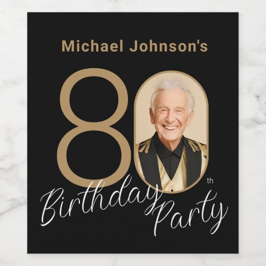 フォトブラックエレガント金ゴールドカスタム80誕生日 ワインラベル (シングルラベル)
