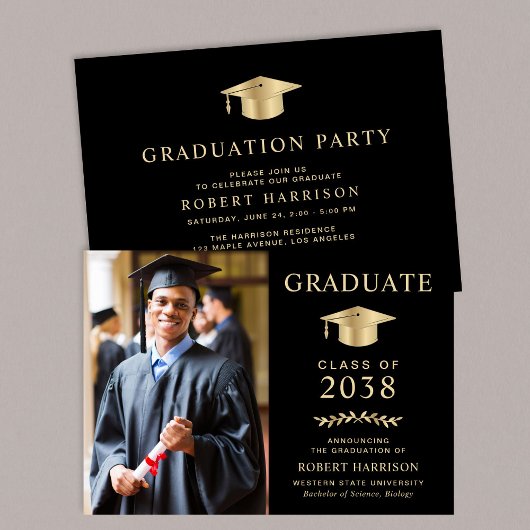 フォトブラックエレガント金ゴールド大学の卒業パーティー 招待状
