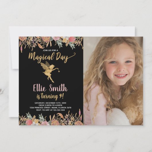 フォトブラックグリッターフローラ妖精誕生日 招待状 (正面)