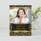 フォトブラックダマスク金ゴールド誕生日パーティーの追加 招待状 (スタンド正面)
