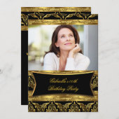 フォトブラックダマスク金ゴールド誕生日パーティーの追加 招待状 (正面/裏面)