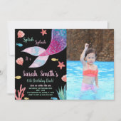 フォトブラックダークパープルマーメイドテール誕生日 招待状 (正面)