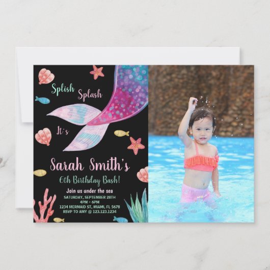 フォトブラックダークパープルマーメイドテール誕生日 招待状 (正面)
