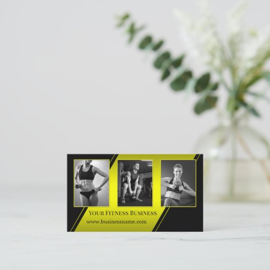 フォトブラックネオンイエローパーソナルトレーナーフィットネス 名刺 (スタンド正面)
