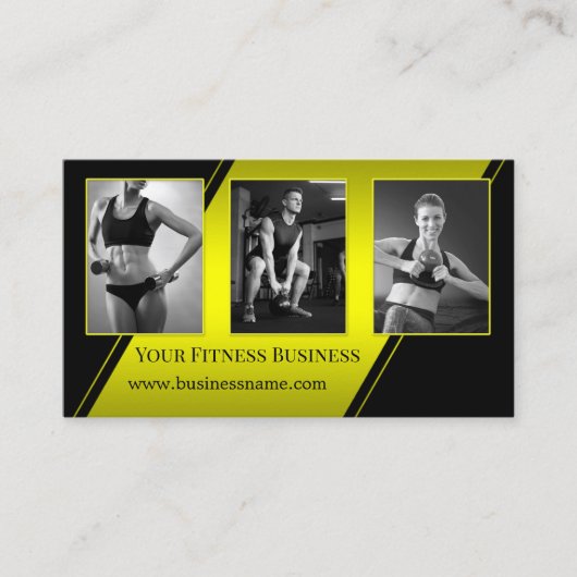 フォトブラックネオンイエローパーソナルトレーナーフィットネス 名刺 (正面)
