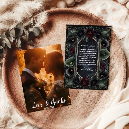 フォトブラックバラフローラゴシック結婚ハロウィーン サンキューカード