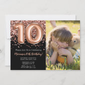 フォトブラックバラ金ゴールドグリッター10th誕生日パーティー 招待状 (正面)
