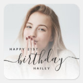 フォトブラックパーソナライズされたスクリプト21歳の誕生日 スクエアシール (正面)