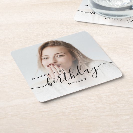 フォトブラックパーソナライズされたスクリプト21歳の誕生日 スクエアペーパーコースター (アングル)