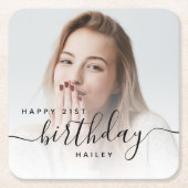 フォトブラックパーソナライズされたスクリプト21歳の誕生日 スクエアペーパーコースター (正面)