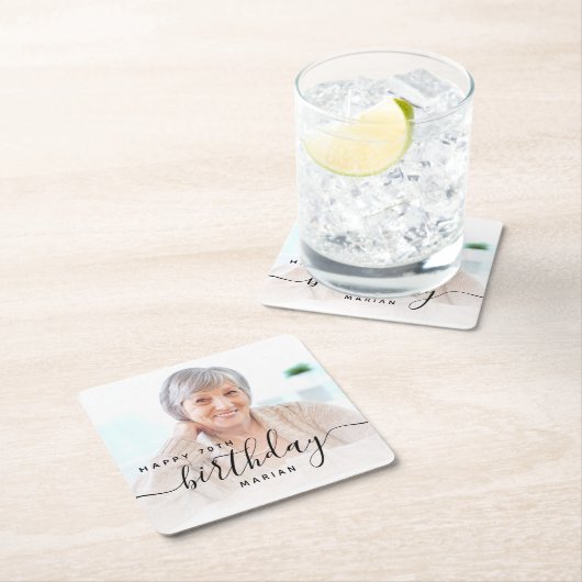 フォトブラックパーソナライズされたスクリプト70誕生日 スクエアペーパーコースター (インサイチュ)