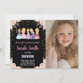 フォトブラックピンクフローラグリッタープリンセス 招待状 (正面)