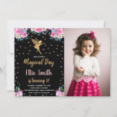フォトブラックピンクフローラ妖精誕生日招待状 招待状 (正面)