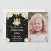 フォトブラックフローラグリッタープリンセス誕生日 招待状 (正面)