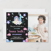 フォトブラックフローラザシーマーメイド誕生日 招待状 (正面)