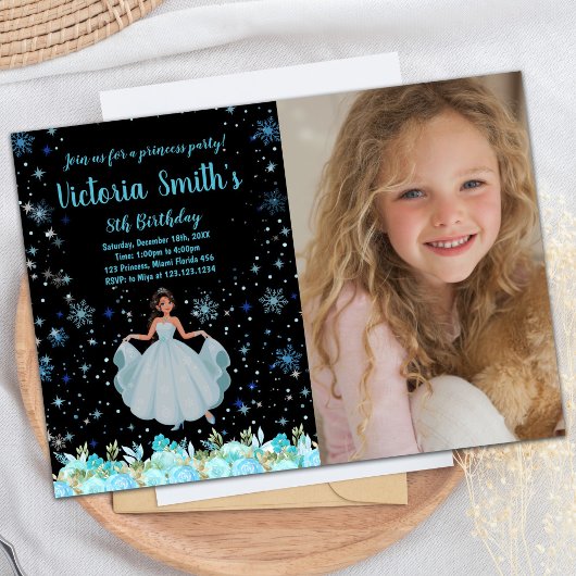 フォトブラックフローラプリンセス誕生日招待状 招待状