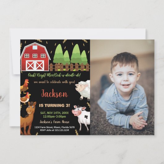 フォトブラックブラウングリーンファーム誕生日招待状 招待状 (正面)