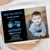 フォトブラックブルートラクター誕生日招待状 招待状