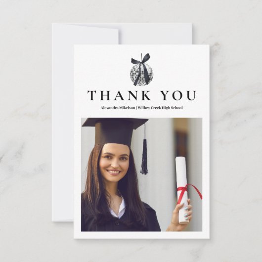 フォトブラックボウディスコボール卒業パーティー サンキューカード (正面)