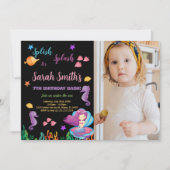 フォトブラックマーメイドSit on Purple Shell誕生日 招待状 (正面)