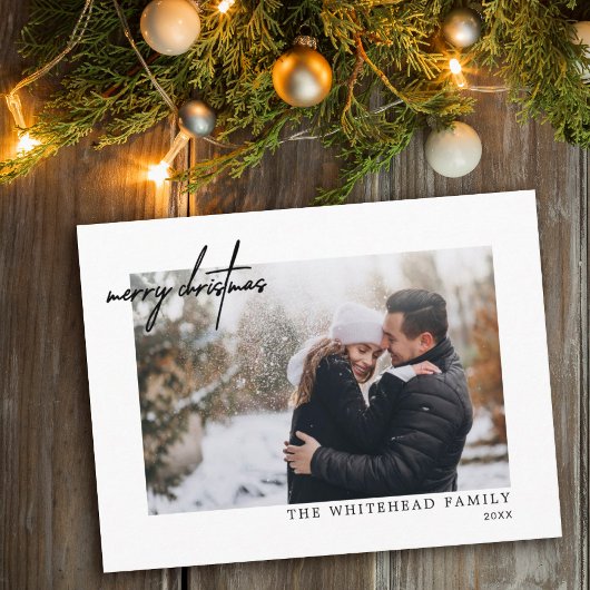 フォトブラックミニマルメリークリスマスホワイト シーズンカード