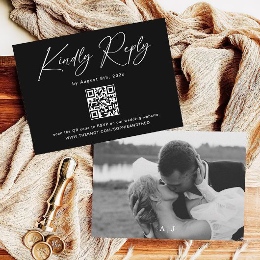 フォトブラックモダンウェディングRSVP エンクロージャーカード