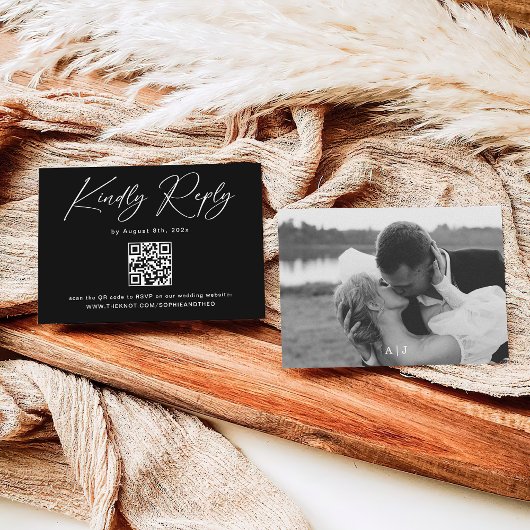 フォトブラックモダンウェディングRSVP エンクロージャーカード