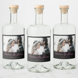 フォトブラックモダンピンクの書道結婚式パーティー リキュールボトルラベル