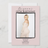 フォトブラックモダンフレームトレンディーピンク誕生日 招待状 (正面)