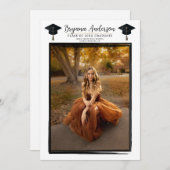 フォトブラックモダンフレームトレンディー目盛りキャップ 招待状 (正面/裏面)