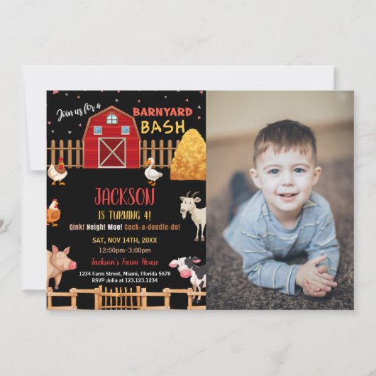 フォトブラックレッドファーム動物誕生日招待状 招待状 (正面)