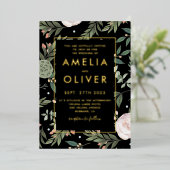 フォトブラック赤面結婚フローラの金箔 箔招待状 (立ち正面)